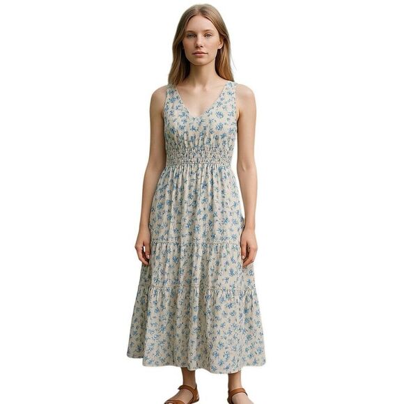 Something Navy White Blue Floral Smocked Cotton Maxi Dress Size Small - Picture 1 of 10
